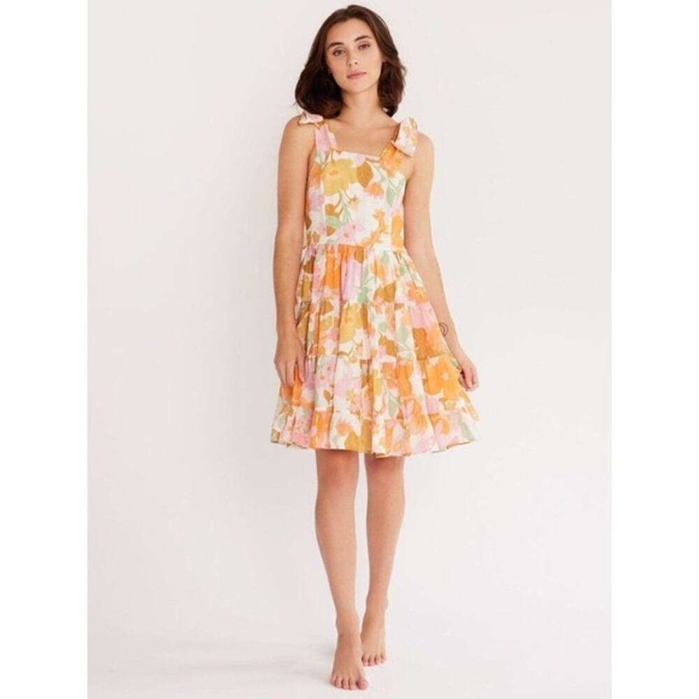 MILLIE Orange Floral Tie Shoulder 100% Cotton Square Neckline Kiara Dress sz XL